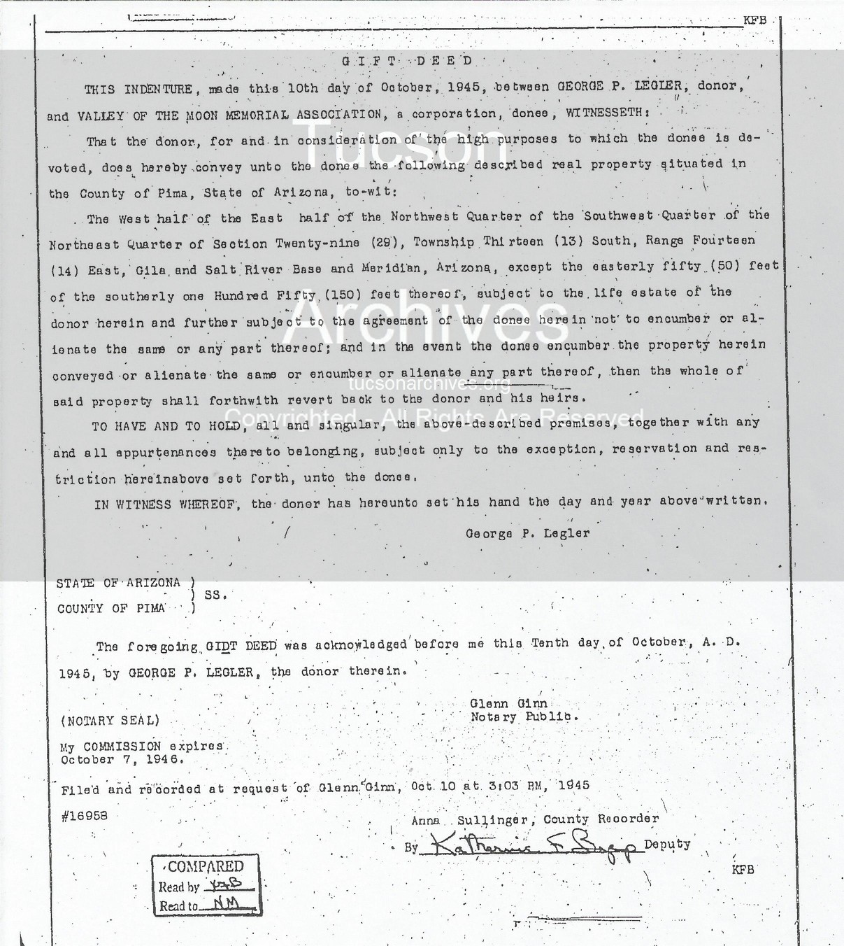 1945 Valley Of The Moon Gifted To Valley Of The Moon Memorial Association